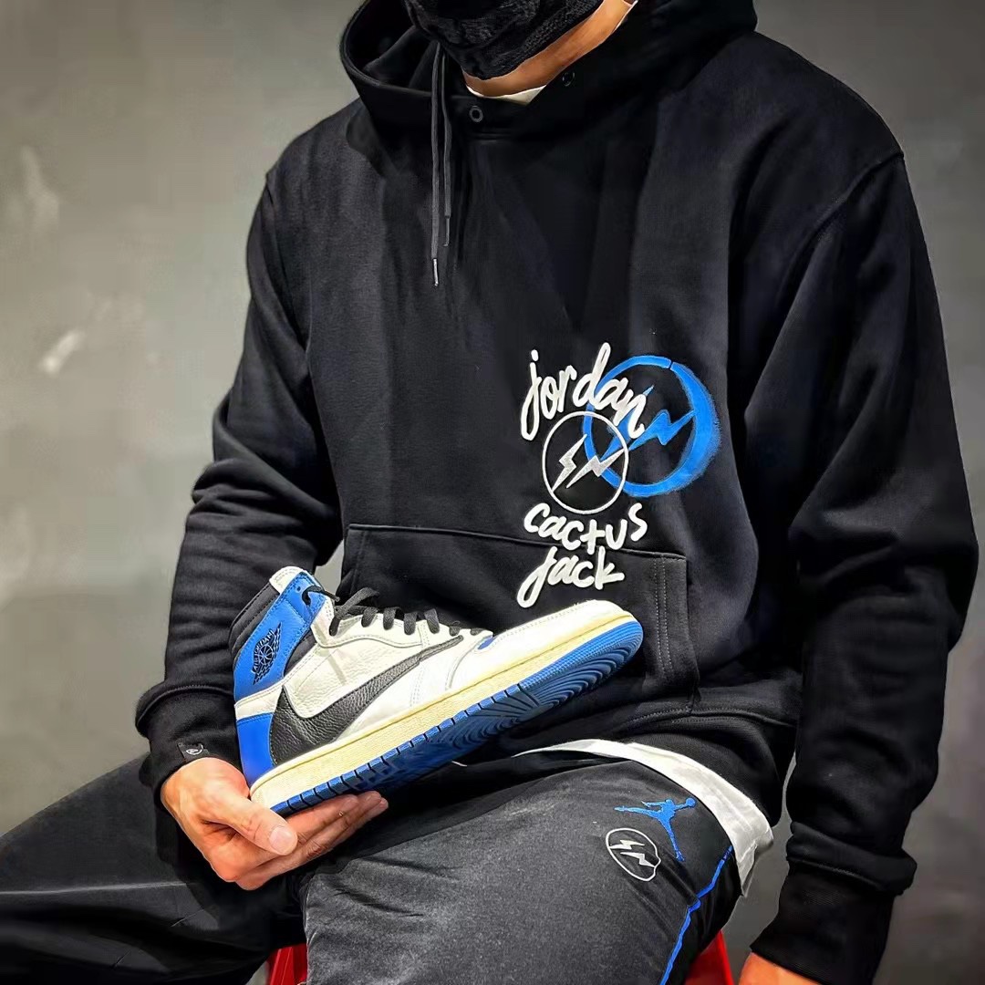 AJ x Travis ScottxFragment Design Triple Joint AJ Portrait Lightning ⚡️Logo Print Hoodie