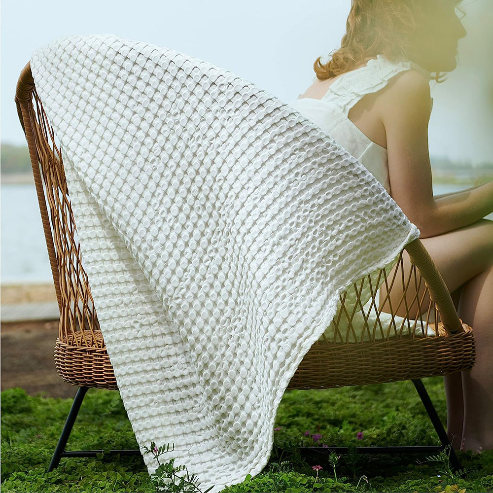 Clisil Cooling Bamboo Waffle Weave Blanket, Luxury Cotton Throws for Bed, Ivory 50x70Inches