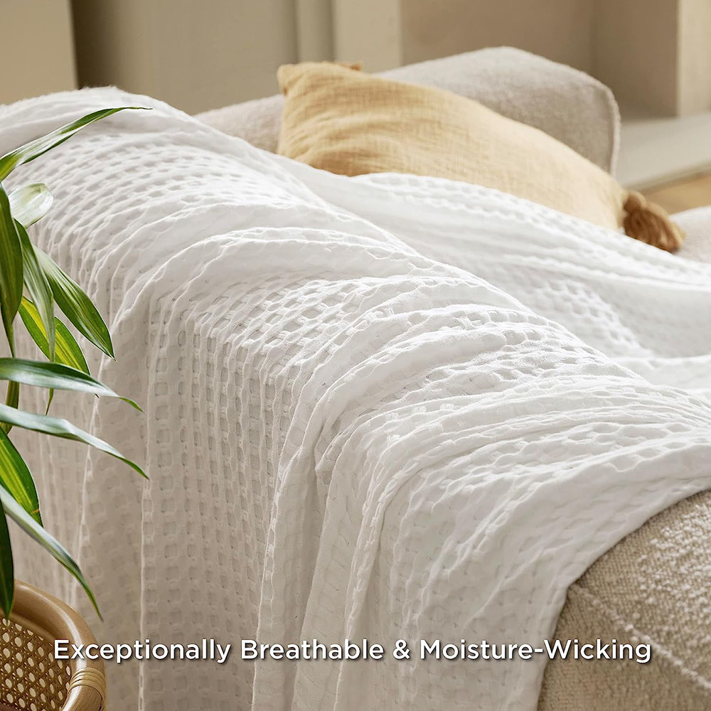 Clisil Cooling Bamboo Waffle Weave Blanket, Luxury Cotton Throws for Bed, Ivory 50x70Inches