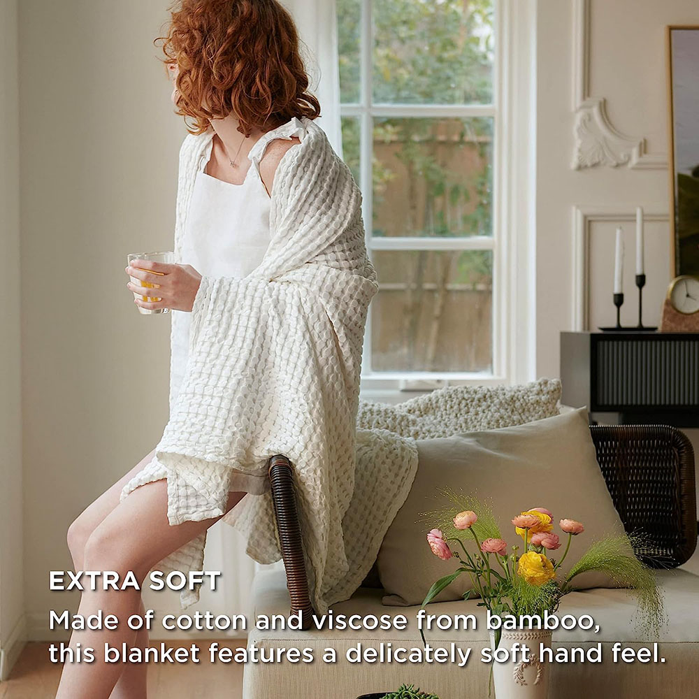 Clisil Cooling Bamboo Waffle Weave Blanket, Luxury Cotton Throws for Bed, Ivory 50x70Inches