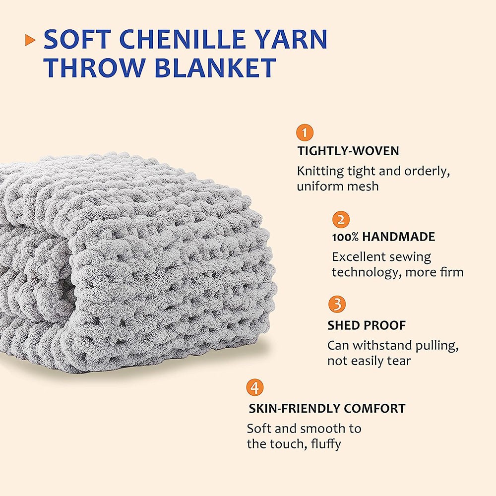 Clisil Handmade Grey Chunky Knit Blanket Throw, Soft Chenille Yarn Throw Blanket 50x60 inch