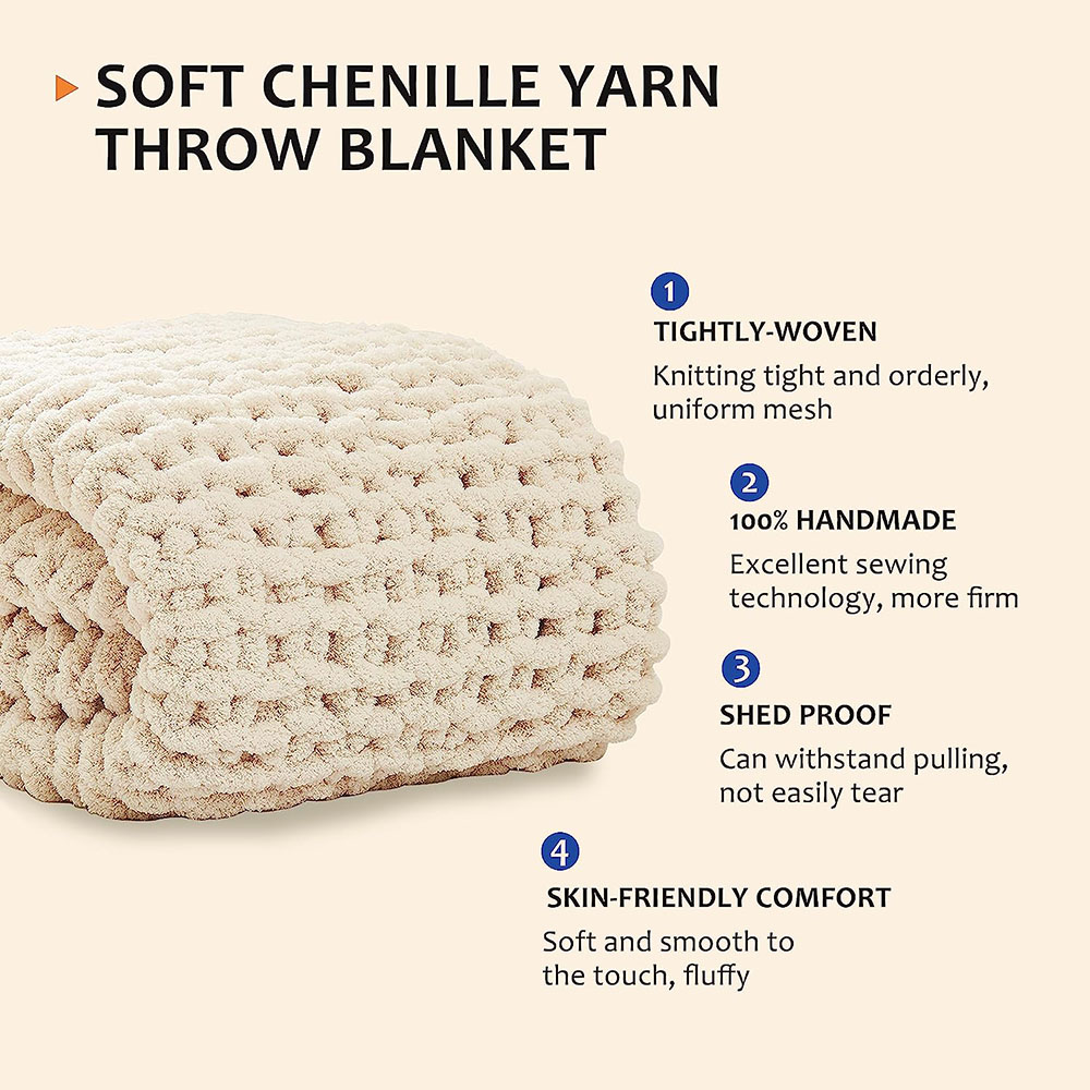 Clisil Handmade Ivory Chunky Knit Blanket Throw, Soft Chenille Yarn Throw Blanket 50x60 inch