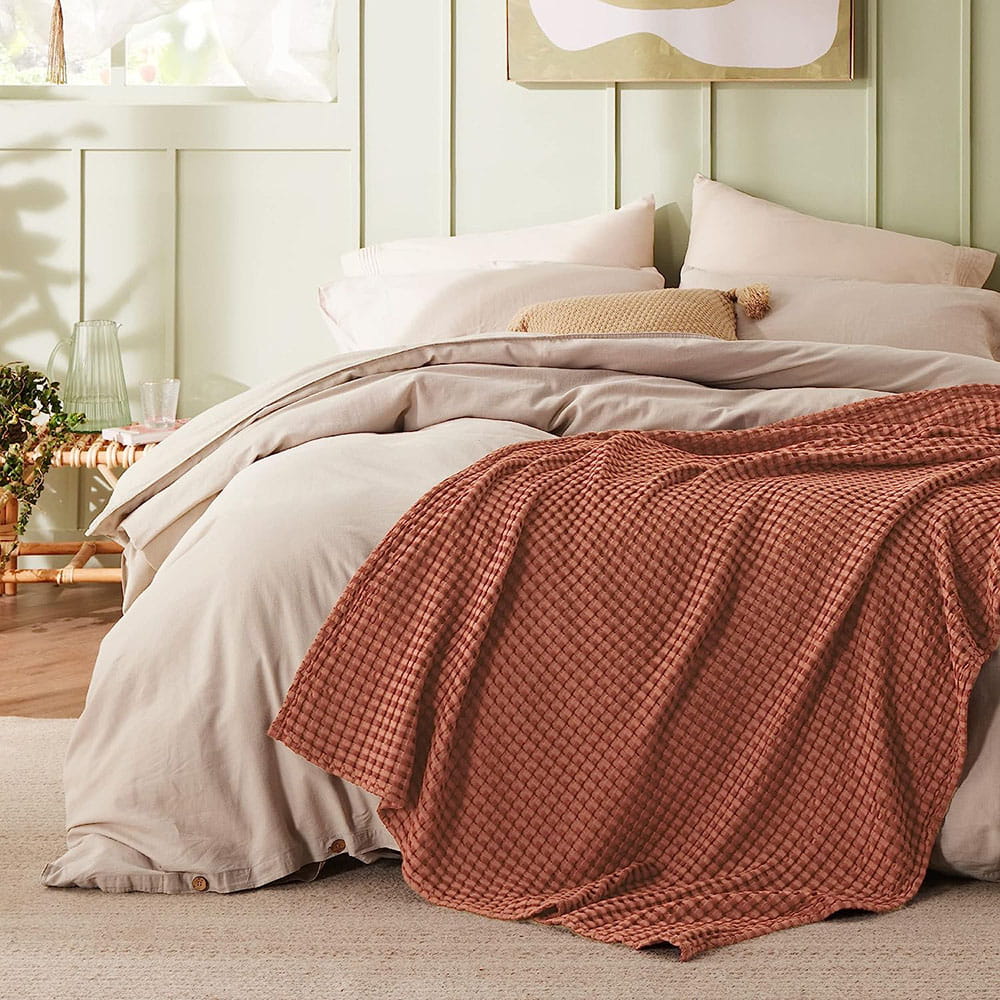 Clisil Cooling Bamboo Waffle Weave Blanket, Luxury Cotton Throws for Bed, Burnt Orange 50x70Inches