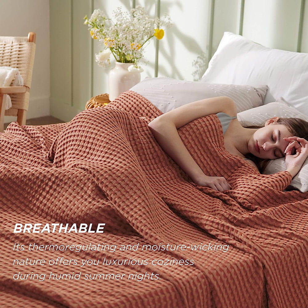 Clisil Cooling Bamboo Waffle Weave Blanket, Luxury Cotton Throws for Bed, Burnt Orange 50x70Inches