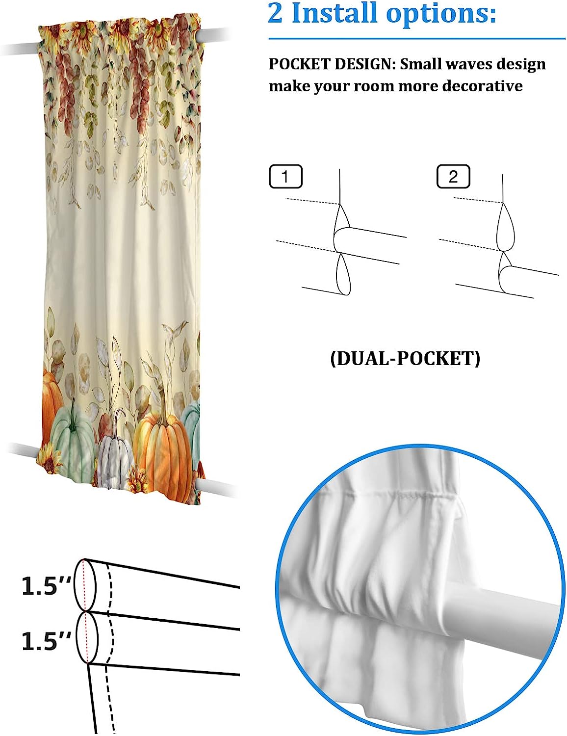 Clisil Black Out French Door Curtains Fall Pumpkin Sunflower Eucalyptus Leaf Rod Pocket Door Drapery Curtain, 25