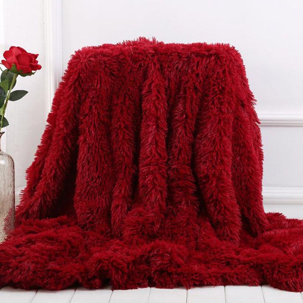 Clisil 63x79in Wine Red Snuggly Fuzzy Faux Fur Lightweight Warm Elegant Cozy Plush Microfiber Blanket