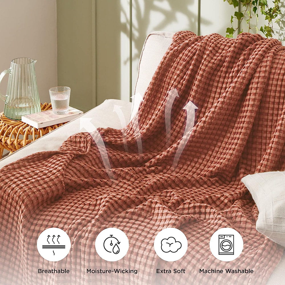 Clisil Cooling Bamboo Waffle Weave Blanket, Luxury Cotton Throws for Bed, Burnt Orange 50x70Inches