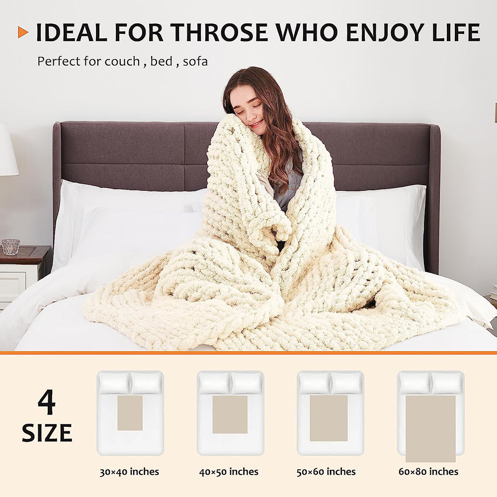 Clisil Handmade Ivory Chunky Knit Blanket Throw, Soft Chenille Yarn Throw Blanket 50x60 inch