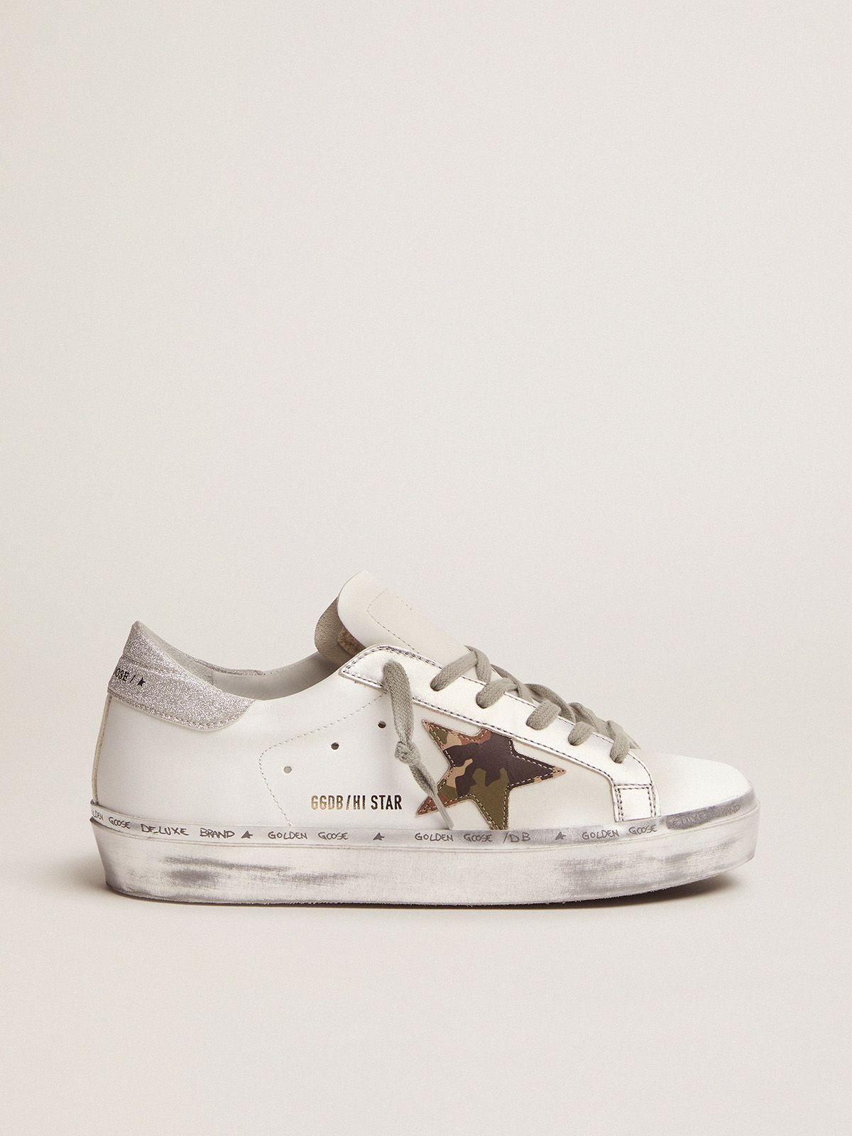 golden goose camouflage glittery Star tab with sneakers and star Hi heel