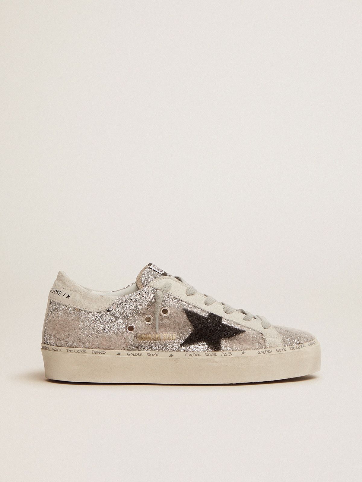 Sneakers Golden Goose Uomo Hi Star sneakers in silver glitter and wool and star with chenille embroidery