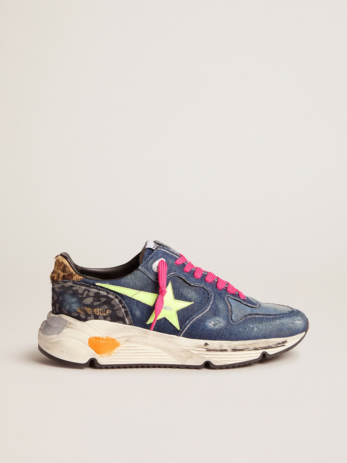 Denim Running Sole sneakers with a fluorescent yellow star and leopard-print pony skin heel tab | 