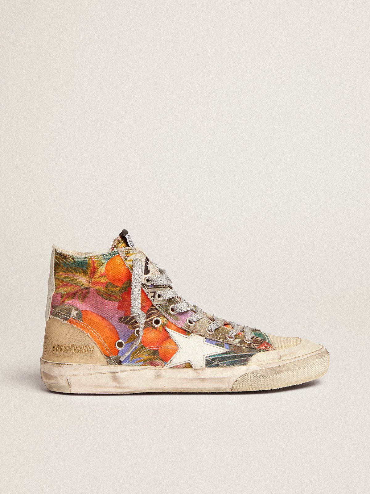 Golden Goose Uomo Saldi Francy Penstar sneakers in canvas with multicolor Hawaii print and white leather star