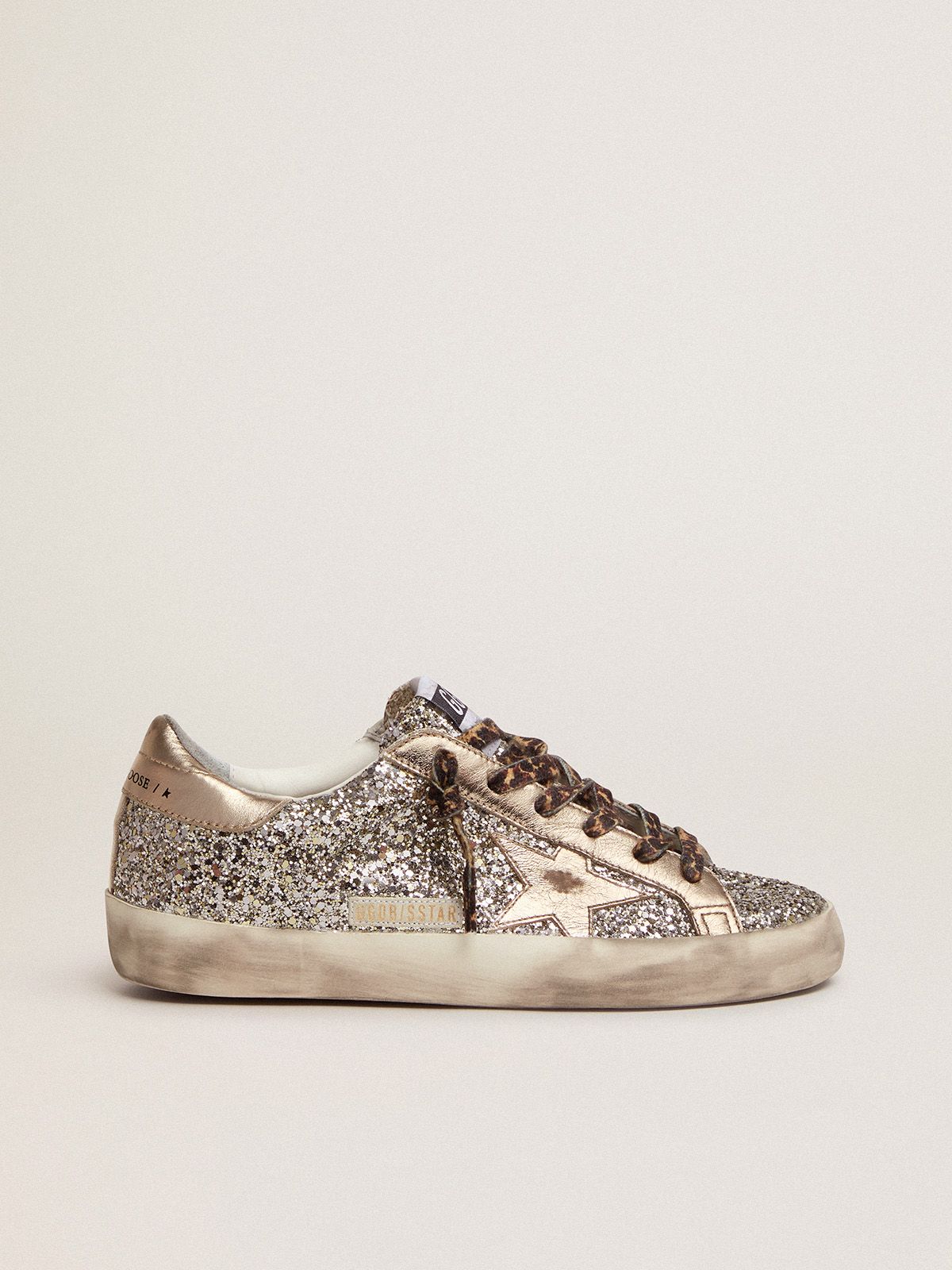 golden goose laminated heel tab sneakers platinum-colored tone-on-tone Super-Star and in star glitter leather with