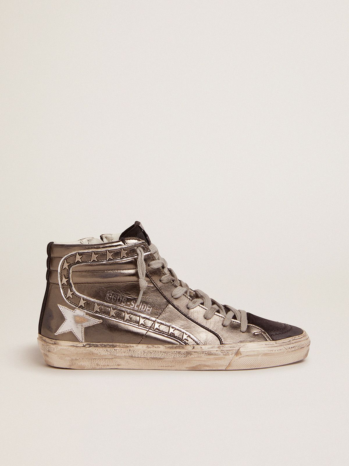 Golden Goose Bambina Slide sneakers with silver laminated leather upper and star-shaped studs