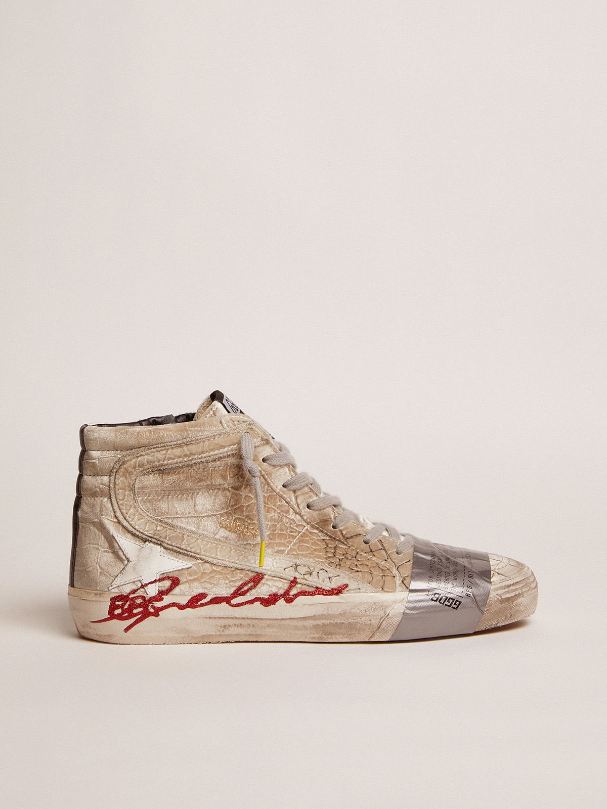 Golden Goose Donna Sneakers Slide LAB sneakers with silver velvet upper with crocodile print and appliquéd tape