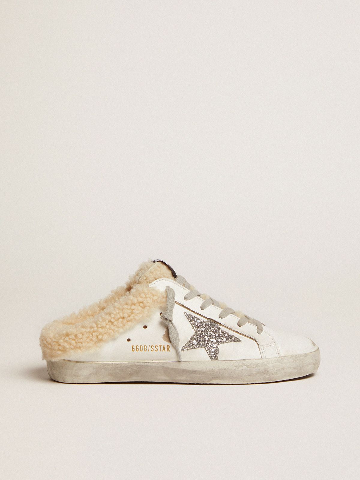Golden Goose Stardan Super-Star Sabots in white leather with silver glitter star and shearling lining