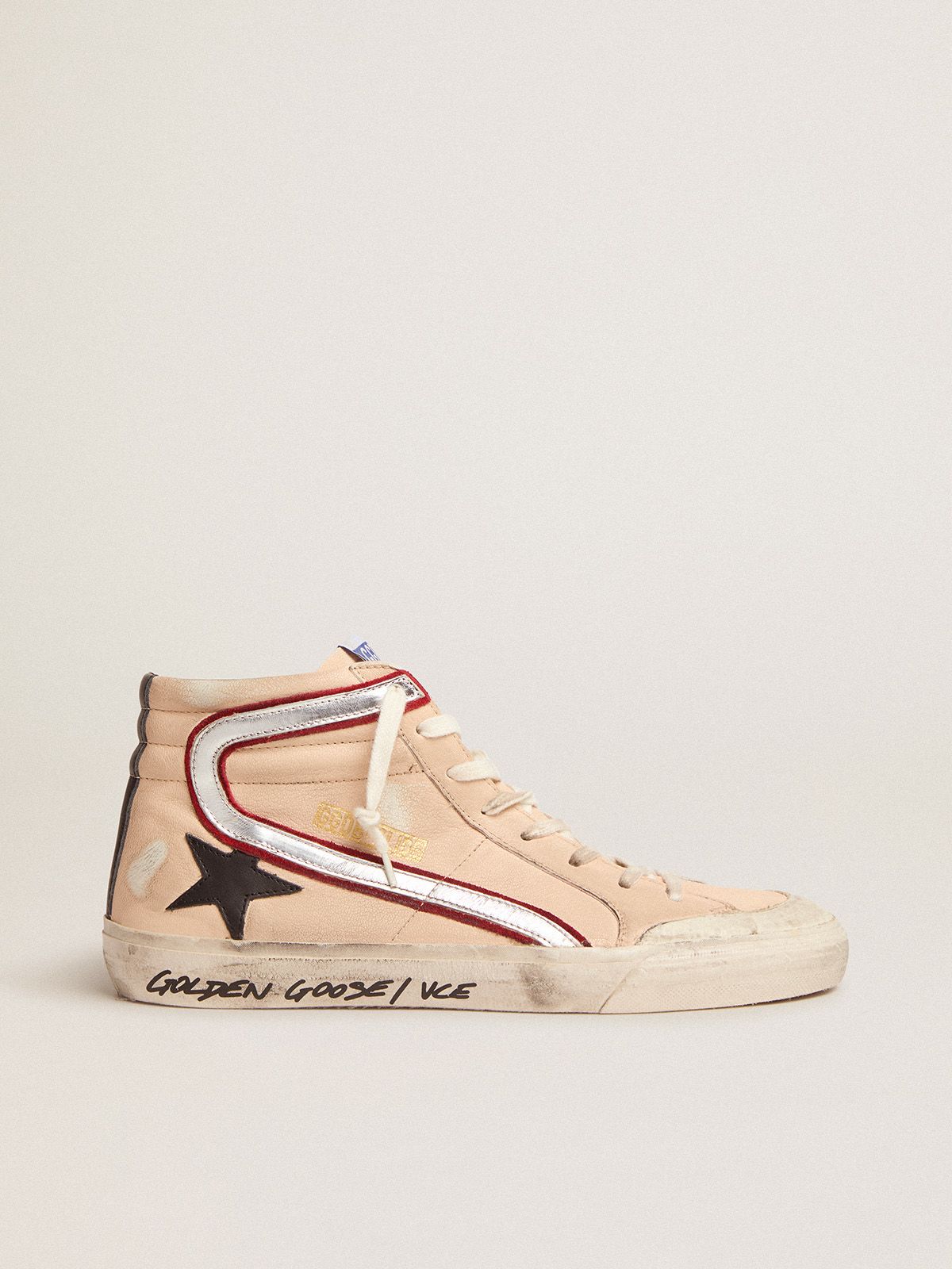 Golden Goose Donna Sneakers Slide Penstar sneakers in pale salmon-colored nappa leather with black leather star and silver laminated leather flash