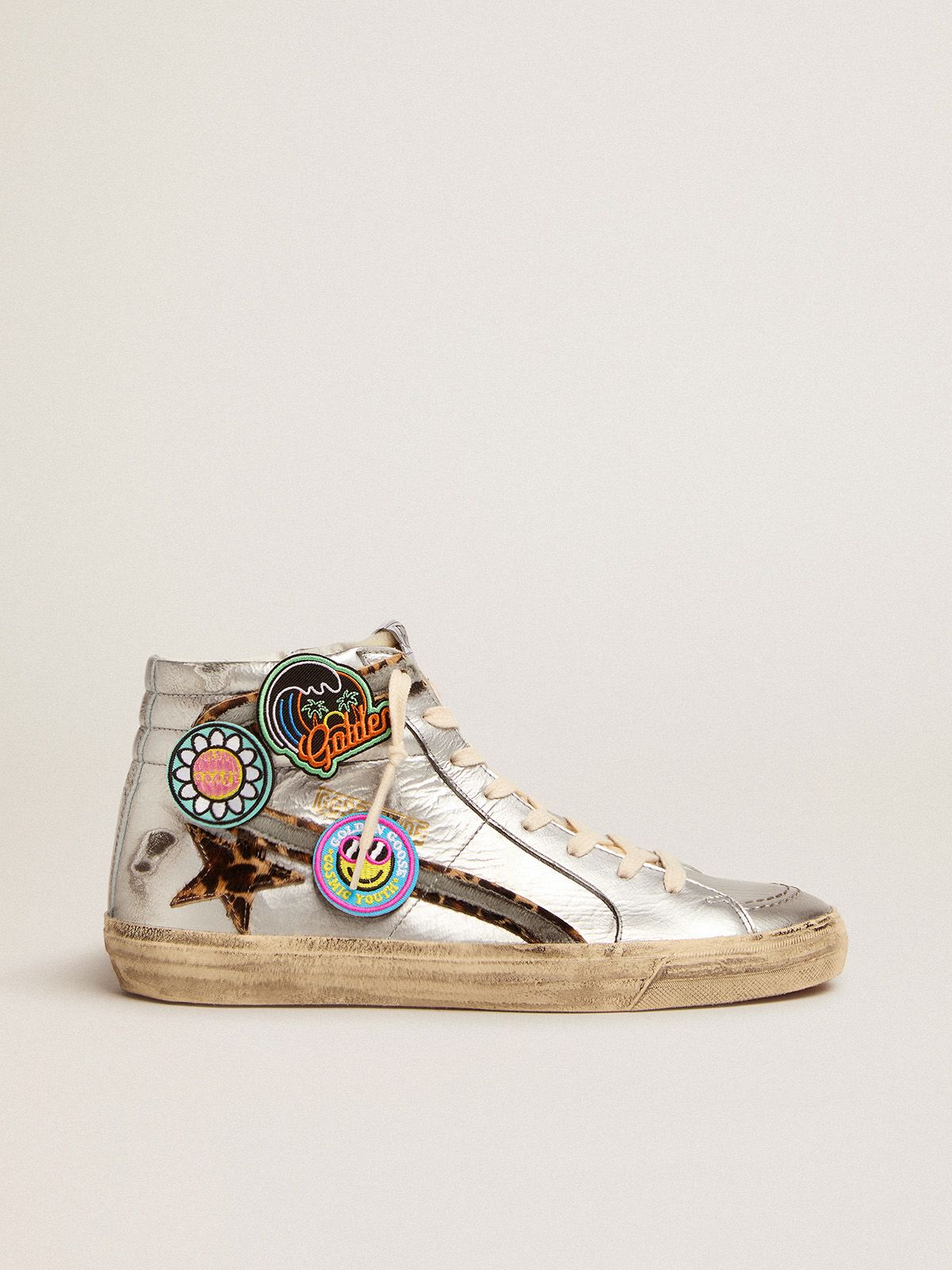 Slide sneakers in silver laminated leather with leopard-print pony skin star and flash with detachable multicolored patches