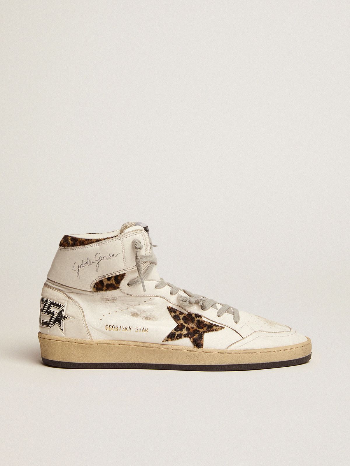 Golden Goose Uomo Sneakers Sky-Star sneakers with signature on the ankle and leopard-print pony skin inserts