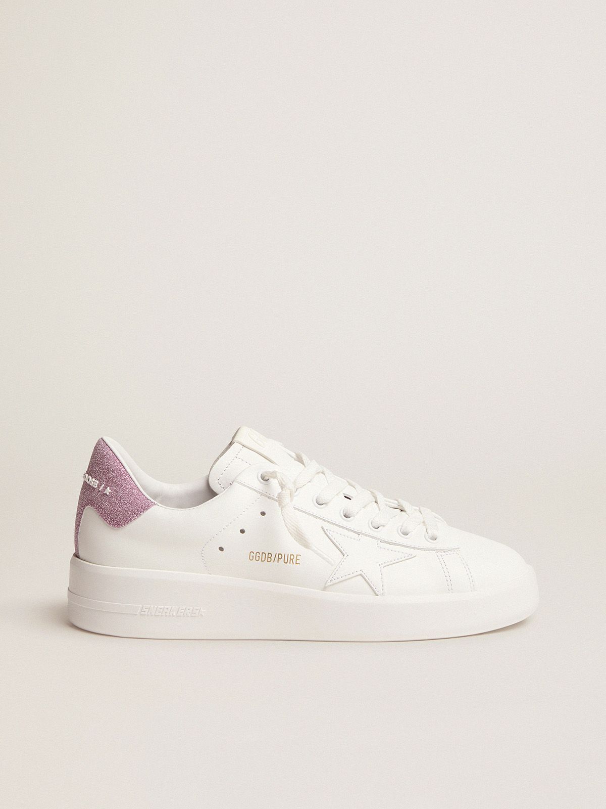 Purestar sneakers in white leather with pink glitter heel tab