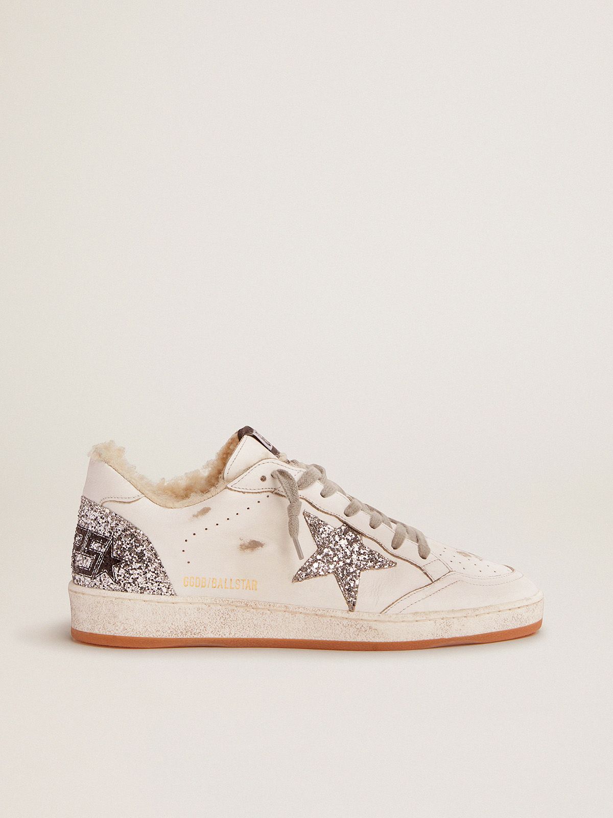 golden goose in with glitter and Ball details shearling sneakers silver white leather lining Star