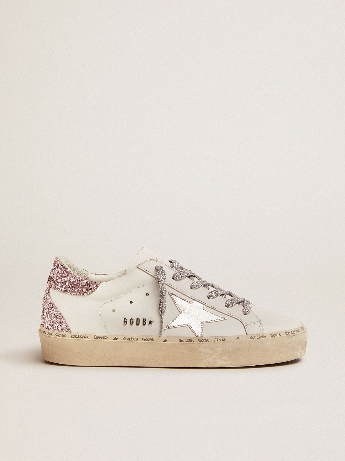 golden goose star and heel sneakers glitter leather tab laminated quartz-pink silver Hi Star with
