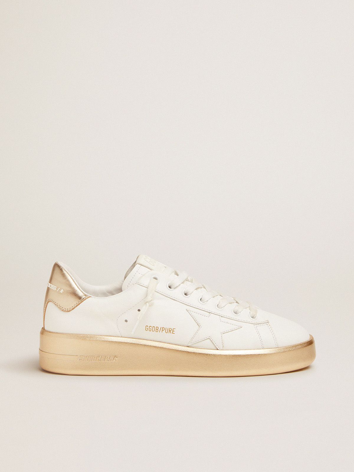 Purestar sneakers in white leather with foxing and gold laminated leather heel tab | 