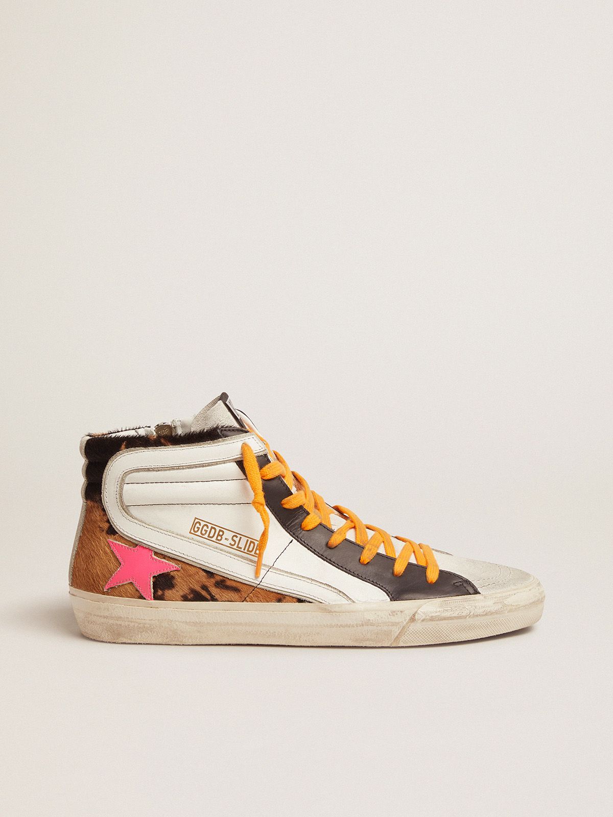 Golden Goose Donna Sneakers Slide sneakers in pony skin, leather and suede with orange laces and a fuchsia star