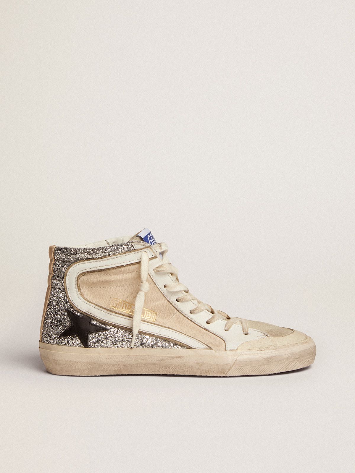 Penstar Slide sneakers in cream-colored canvas and silver glitter with black leather star | 