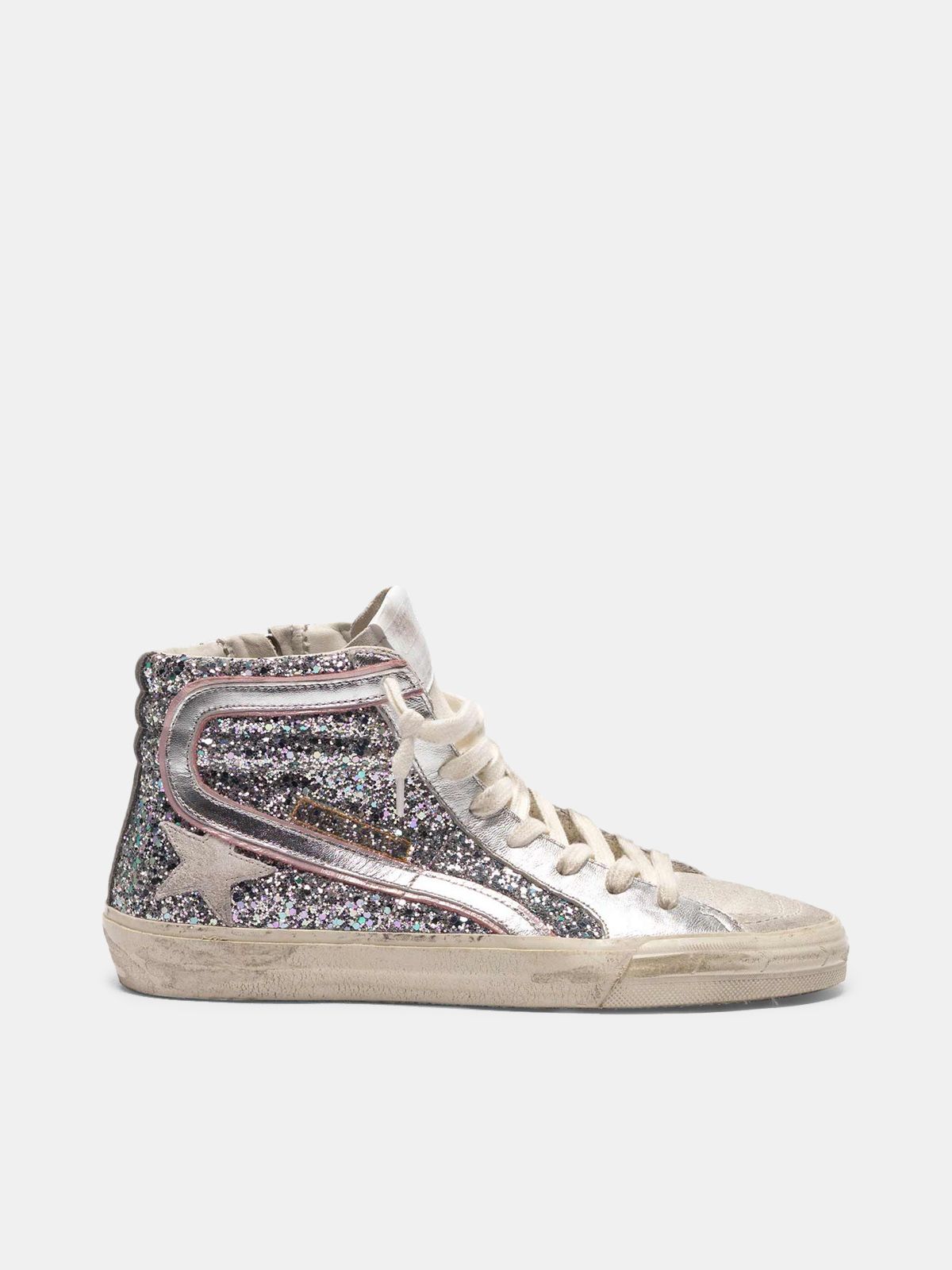 Slide sneakers in silver laminated leather and glitter | 