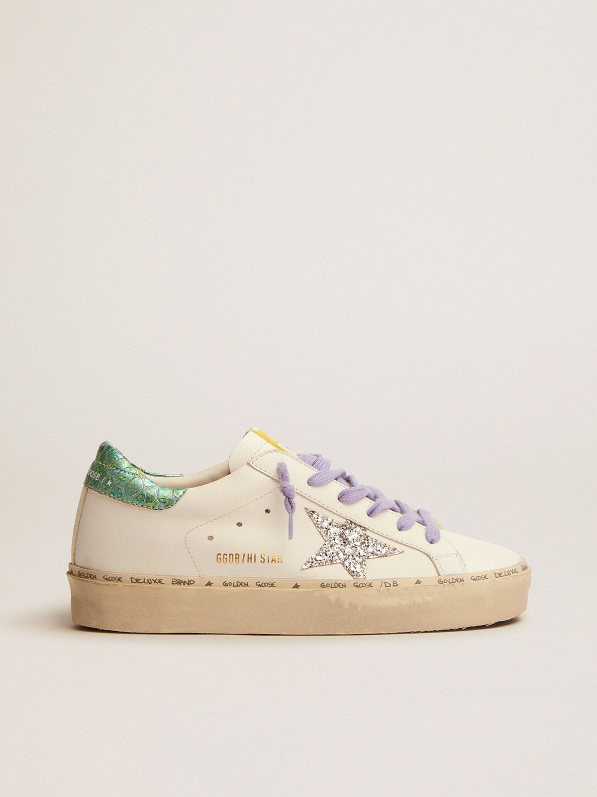 Sneakers Golden Goose Uomo Hi Star LTD sneakers with silver glitter star and snake-print aquamarine leather heel tab