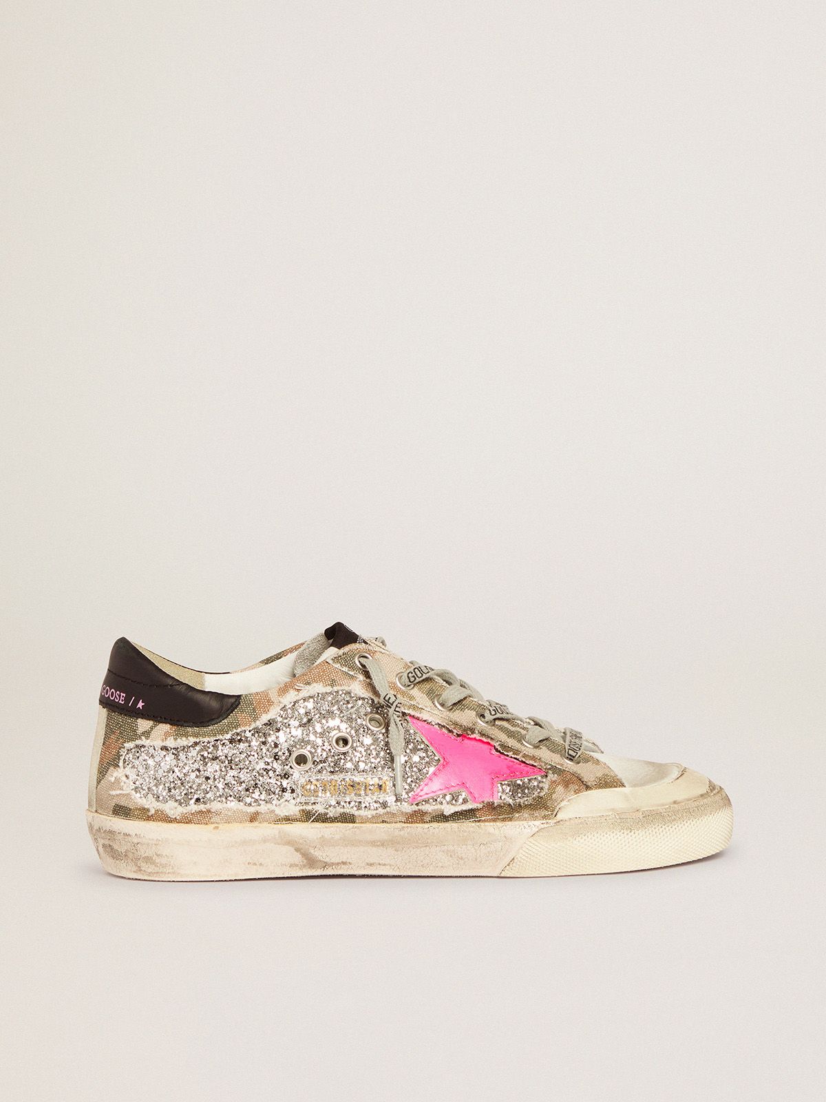 Sneakers Uomo Golden Goose Super-Star sneakers in silver glitter and camouflage canvas