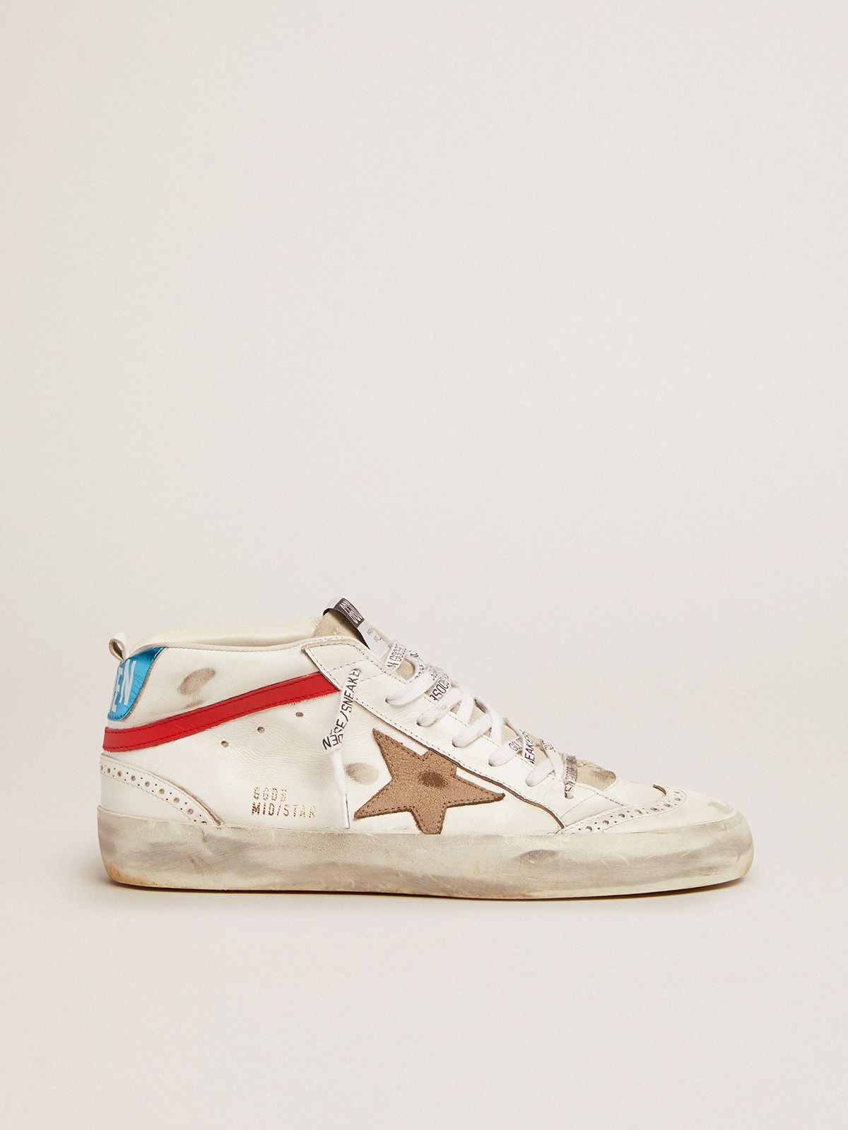 Golden Goose Sconto Uomo Mid Star sneakers with metallic blue heel tab and star in khaki crackled leather