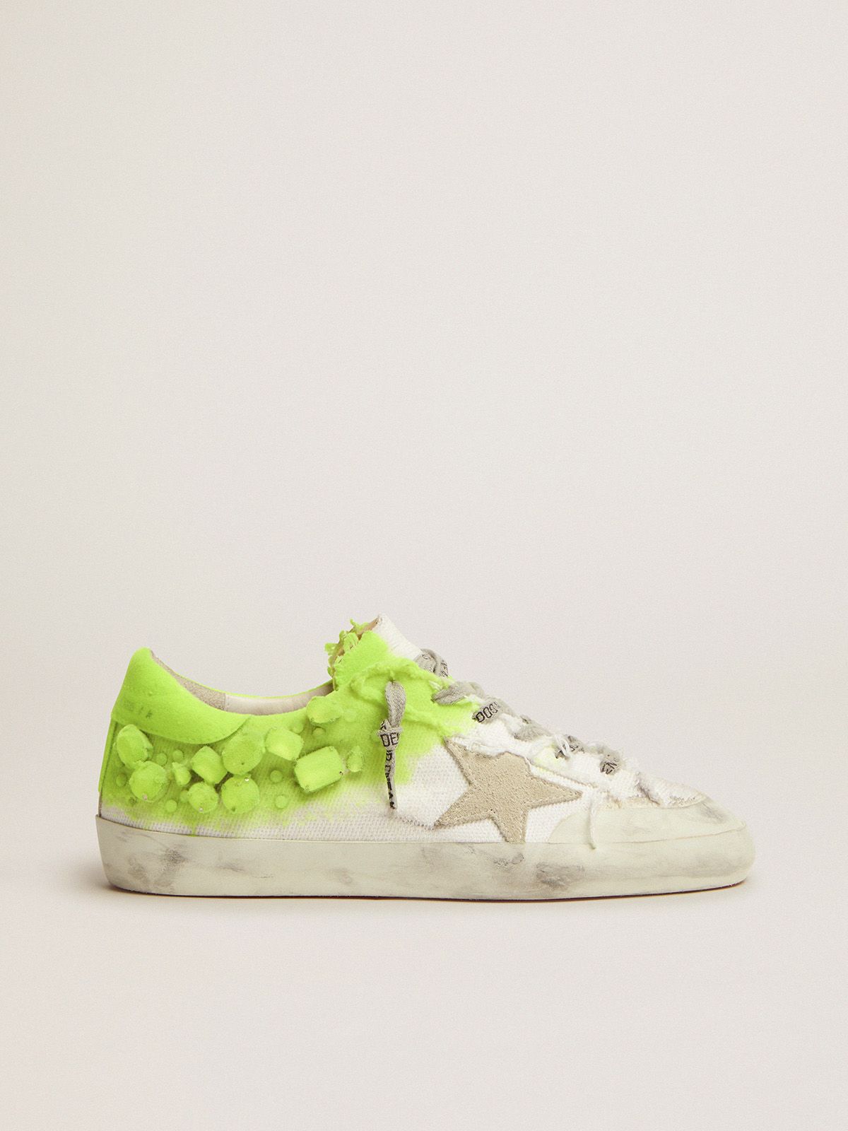 Super-Star sneakers in white canvas with crystals and fluorescent yellow flock paint