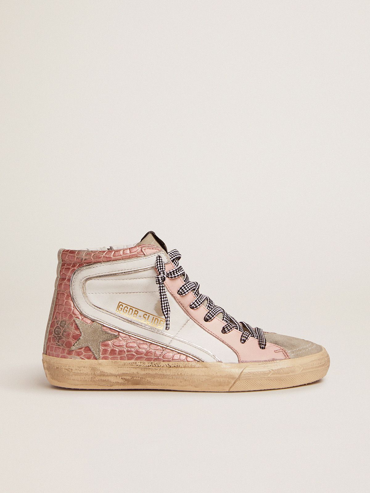 golden goose and Slide crocodile-print leather pink sneakers upper white with