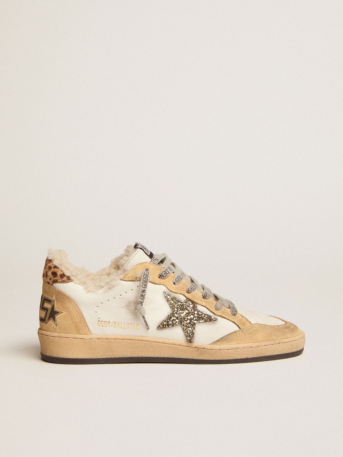 Ball Star sneakers in white nappa leather with platinum-colored glitter star and shearling lining | 