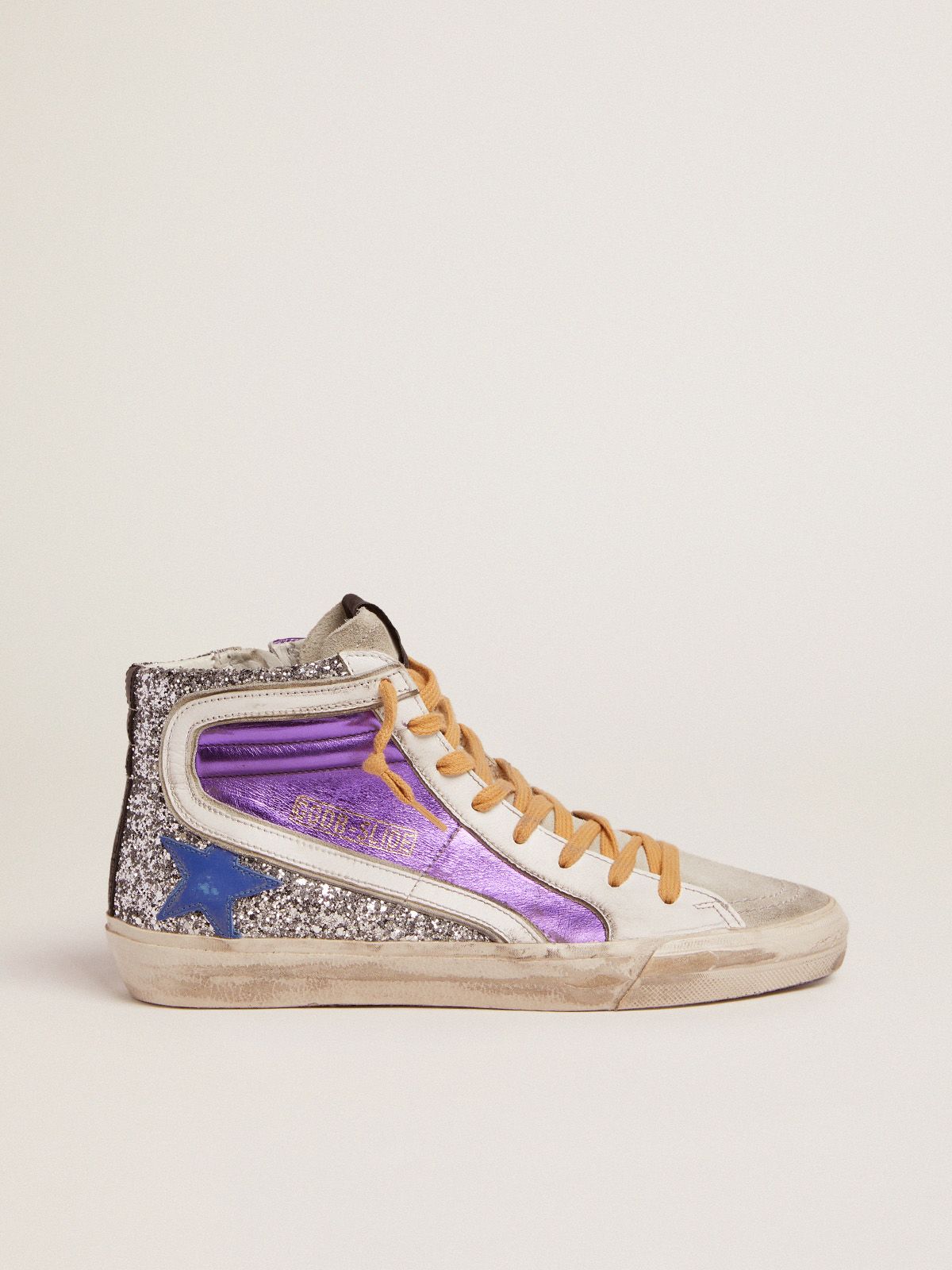 golden goose leather glitter upper laminated silver sneakers and with purple Slide