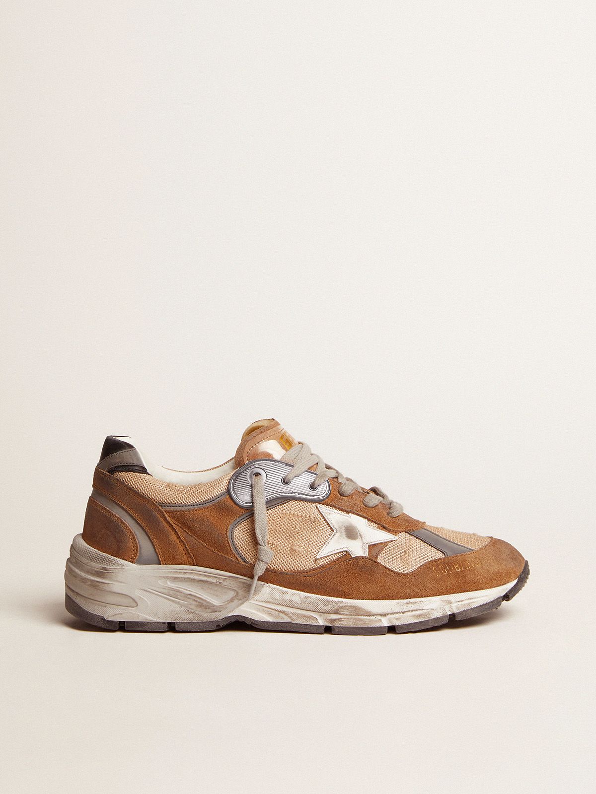 Goldengoose Ball Star Dad-Star sneakers in tobacco-colored mesh and suede with white leather star and black leather heel tab