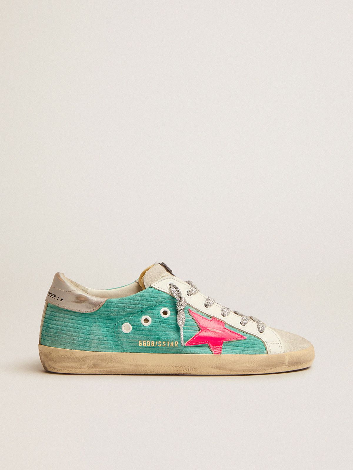 Super-Star sneakers in turquoise suede with corduroy print and fluorescent pink leather star