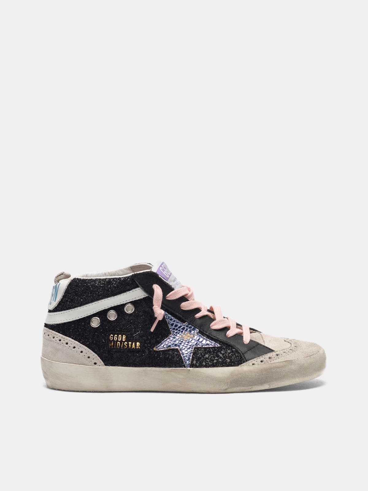 Golden Goose Sneakers Uomo Black Mid-Star sneakers with glitter and iridescent star