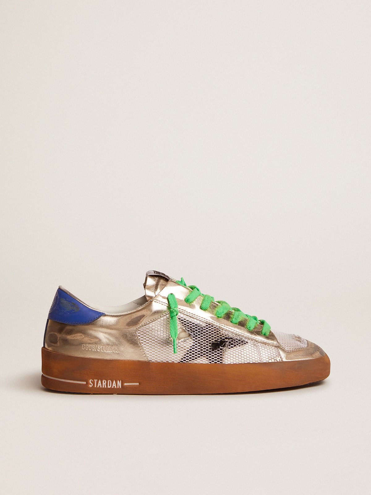 golden goose with blue leather tab heel sneakers in an mesh LAB laminated and Stardan electric