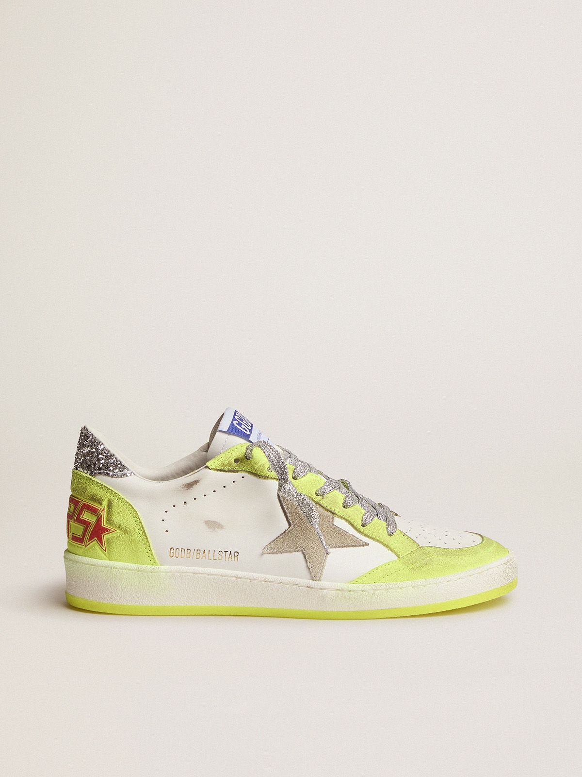 White Ball Star sneakers with fluorescent yellow inserts and glitter
