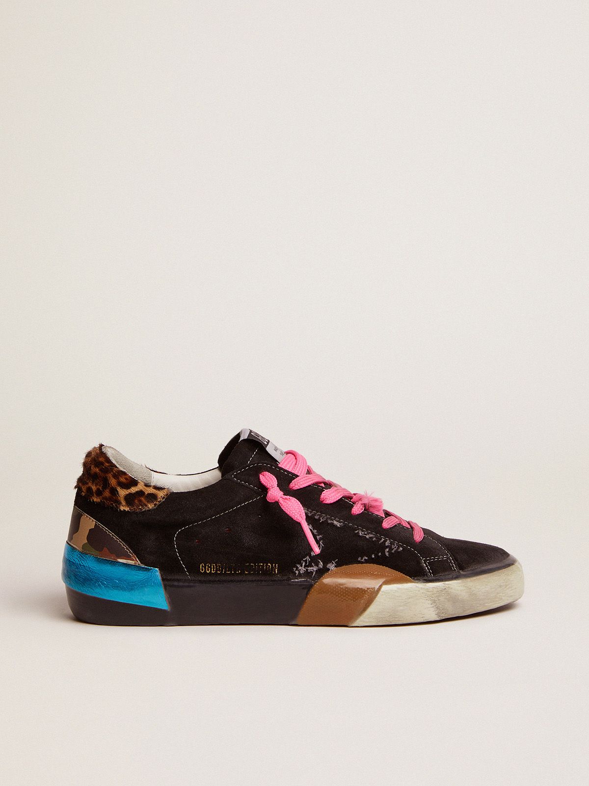 golden goose leopard-print multi-foxing suede pony black sneakers Super-Star skin with heel in LAB tab and