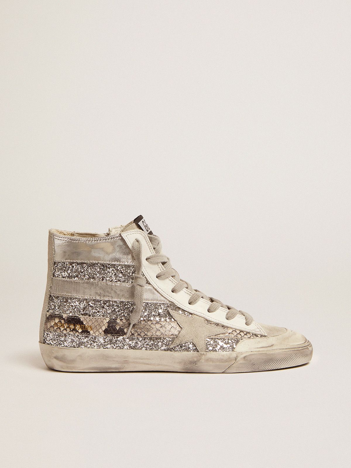 Golden Goose Uomo Saldi Francy Penstar LAB sneakers with glitter upper and silver and snake-print stripes