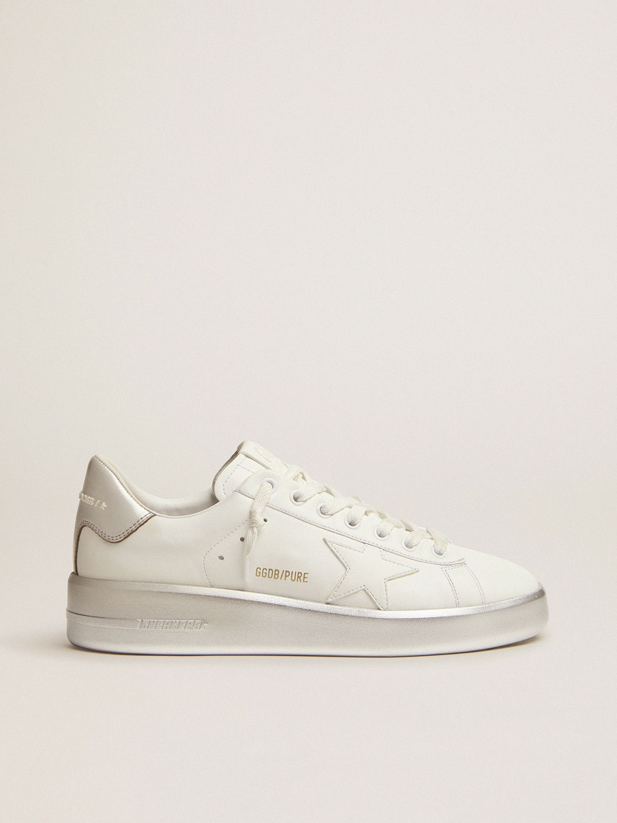 Purestar sneakers in white leather with silver laminated heel tab and foxing
