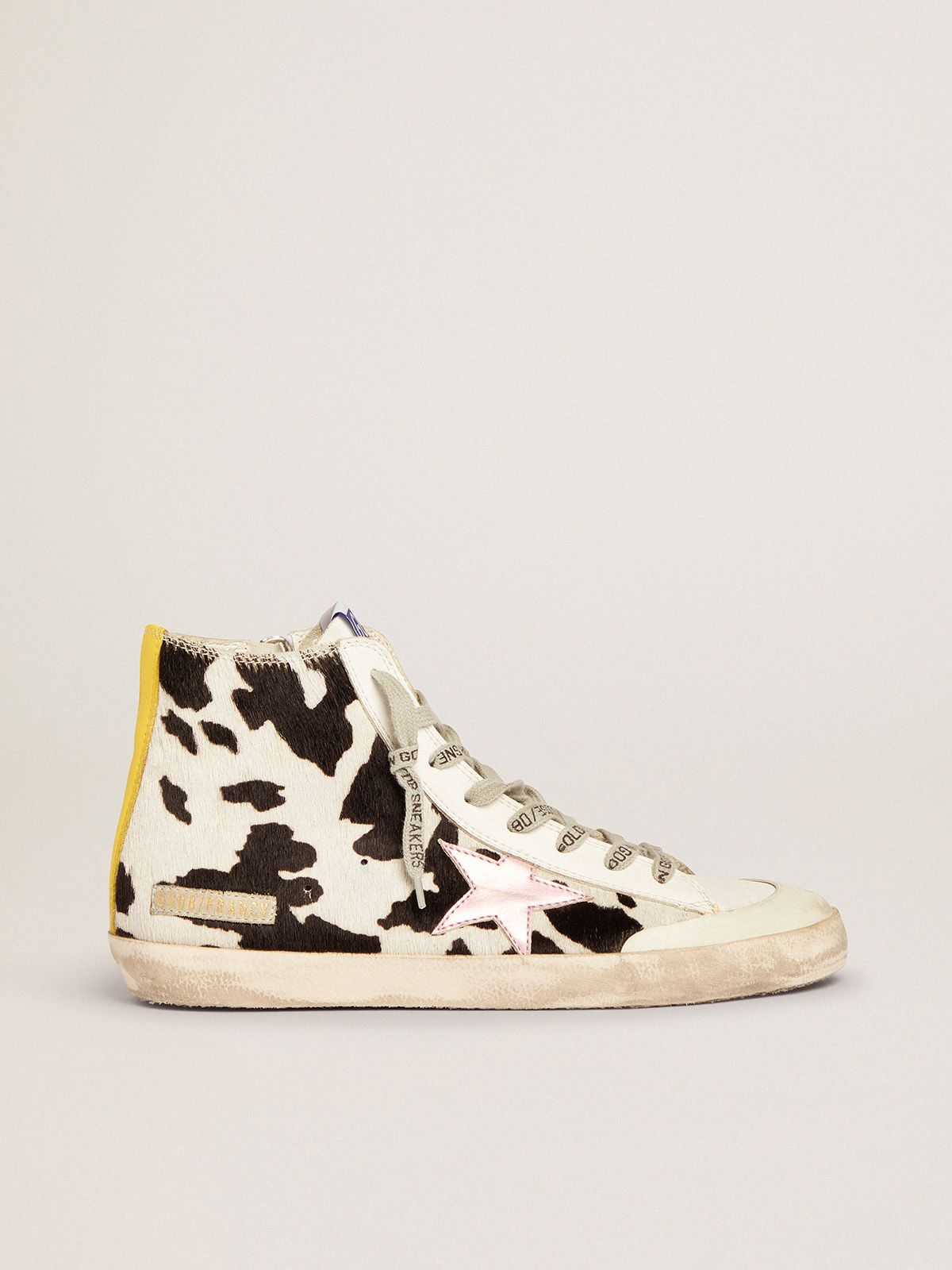 Golden Goose Uomo Saldi Francy Penstar sneakers in cow-print pony skin with pink laminated leather star