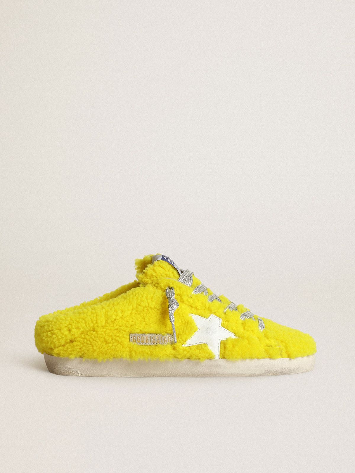 Super-Star Sabots in fluorescent yellow shearling with white leather star