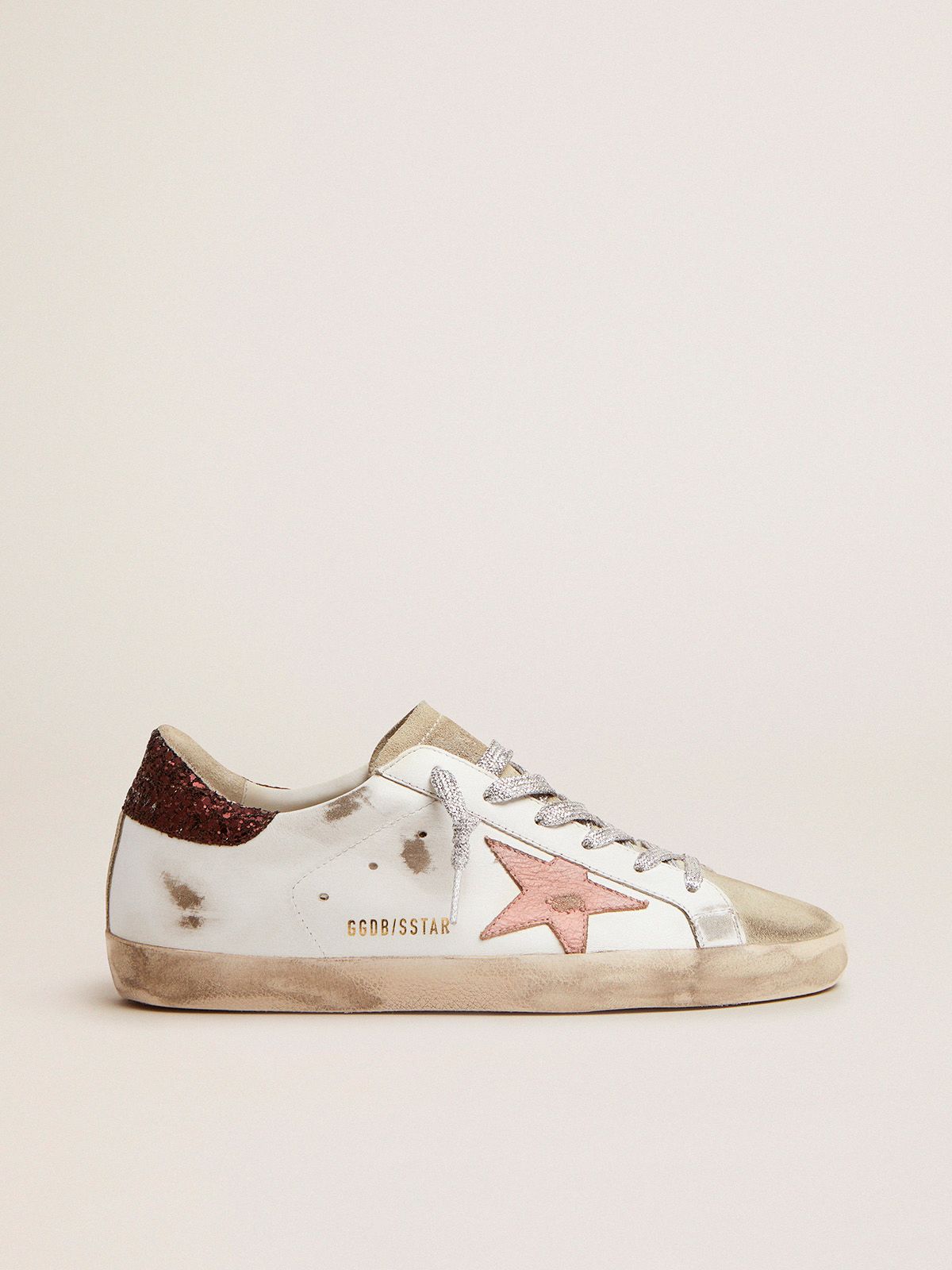 Super-Star sneakers with brown glitter heel tab and pink crackled leather star