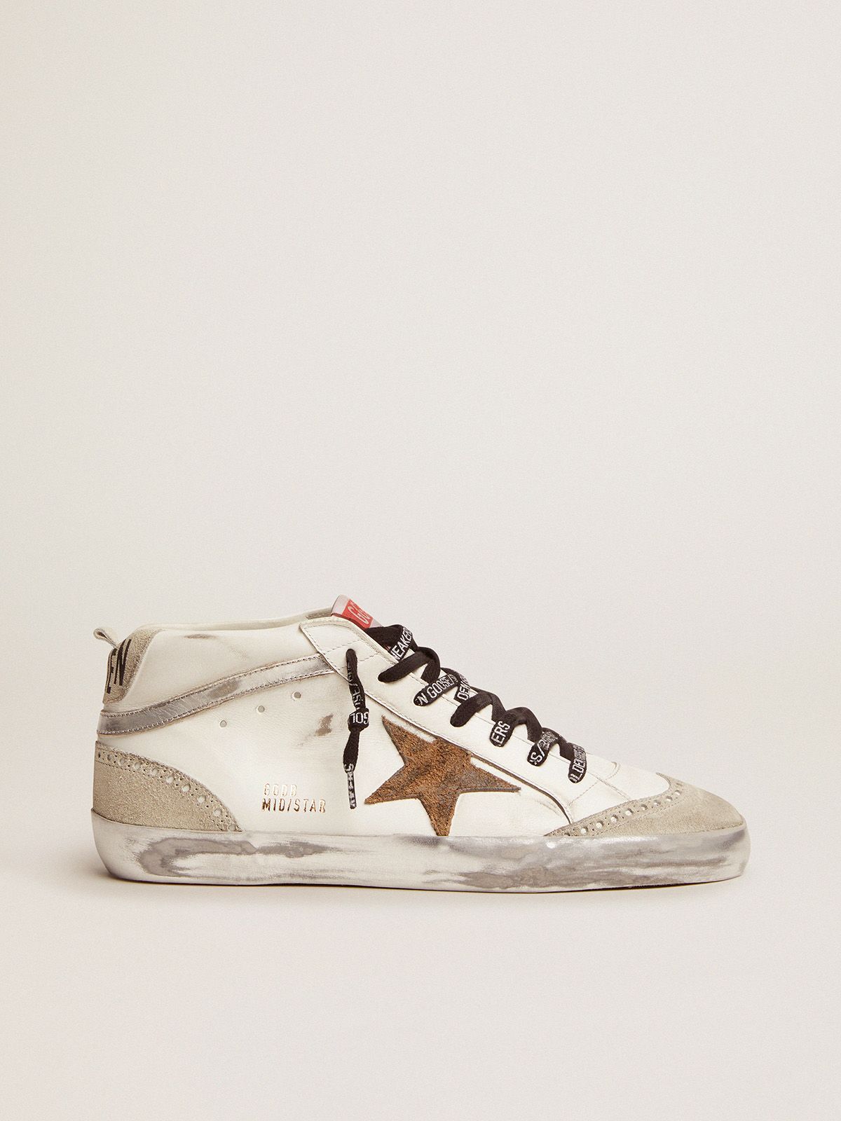 Golden Goose Sconto Uomo Mid Star sneakers with leopard-print suede star and silver laminated leather flash