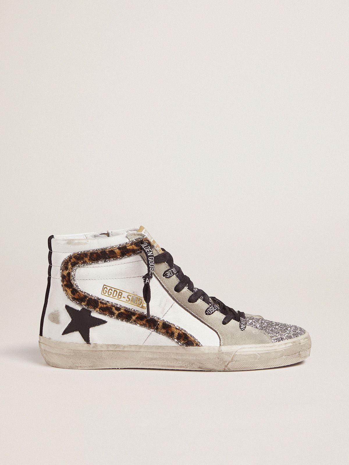 Slide sneakers with glitter and leopard-print flash